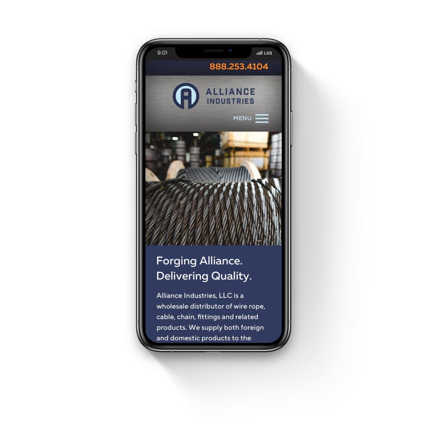 alliance industries website displayed on iphone