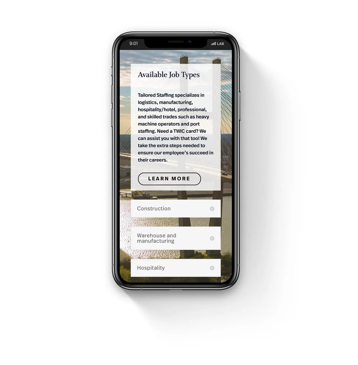 Available jobs page on a phone