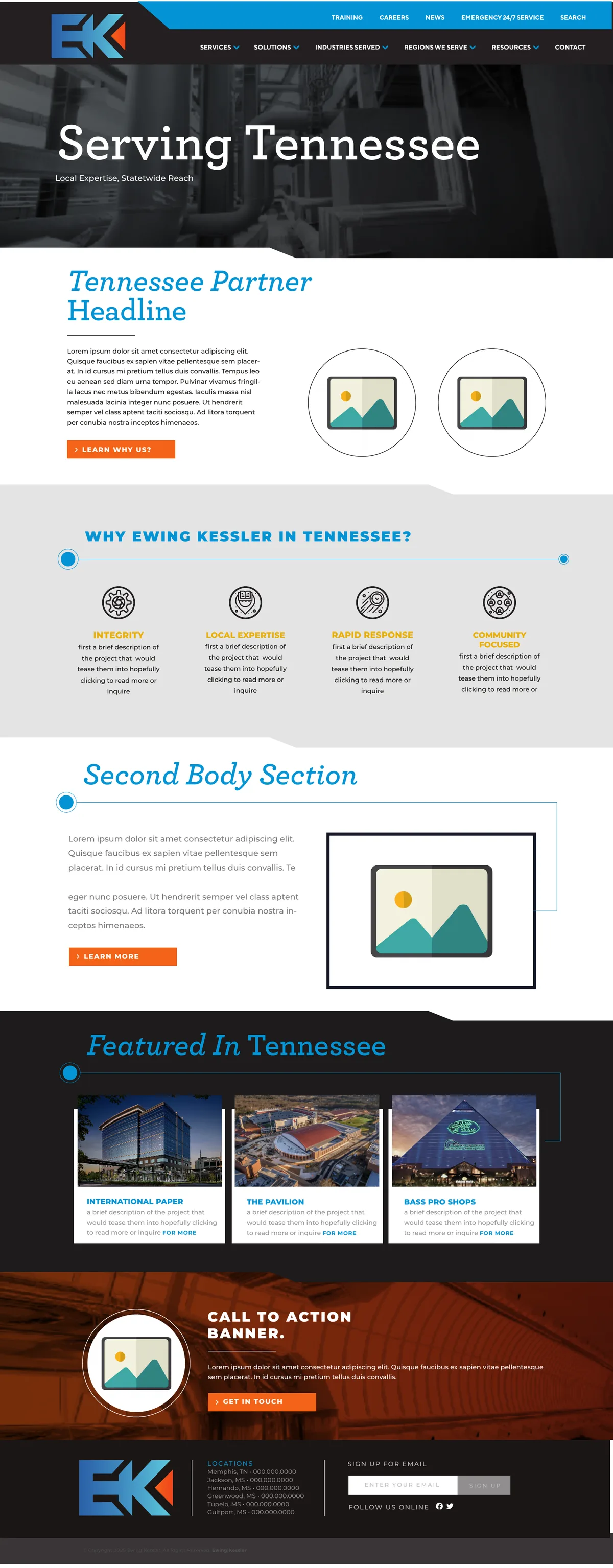 Region page design for Ewing Kessler, with a Mississippi service map and branch locations